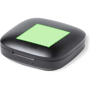 A black earphone case with a square green panel on top and a charging port on the front.