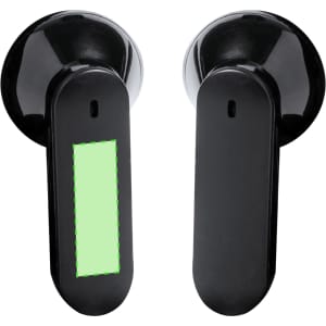 Black Trustal earphones with a sleek design, featuring a blank area likely for branding or controls.