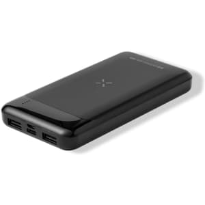 A black power bank with two USB ports and a logo, designed for charging devices on the go.
