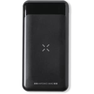 A black power bank with a smooth finish and a logo, featuring charging indicator lights.