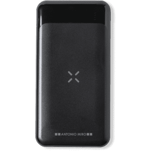 A black power bank with a smooth finish and a logo on the front.