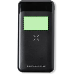 A black power bank with a green display area and a logo at the bottom, designed for charging devices on the go.