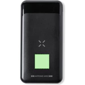 A sleek black power bank featuring a square light indicator and a discreet logo on the bottom.