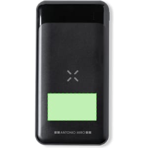A black power bank with a sleek design and a small branding logo. It features a smooth surface and a rectangular shape.