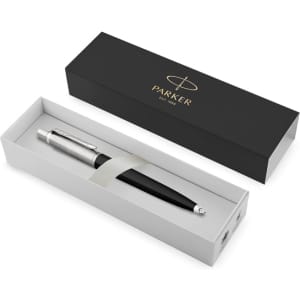 A metal pen in a sleek black and silver design, presented in a stylish box with a logo.