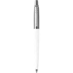 A metal pen in white with a chrome clip and detailing, featuring a branding logo.