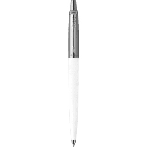 A metal pen with a silver clip and a white barrel, featuring a logo on the clip.