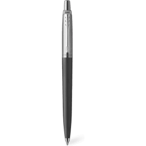 A metal pen with a silver clip and a black barrel, featuring a logo on the clip.