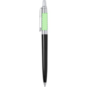 A metal pen featuring a black body and a silver clip, with a green highlight. It has a logo on its surface.