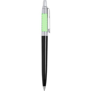 A metal pen with a black barrel and chrome accents, featuring a blank area for custom branding.