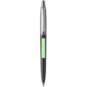 A metal pen with a black body and a silver clip, featuring a green accent strip. It includes a brand logo.