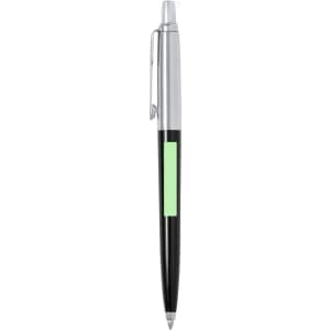 A metal pen in black and silver with a green accent, featuring a clip and a logo.