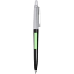 A metal pen featuring a sleek black body, silver accents, and a green section. It has a logo on its surface.
