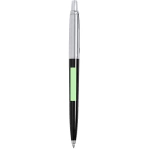 A metal pen in black with a silver clip and a green accent. It features a logo on the barrel.