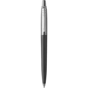 A metal pen in black and silver, featuring a decorative design and a logo on the upper section.