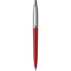 A metal pen with a red barrel and silver accents. The pen features a branding logo on its body.