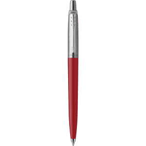 A metal pen with a shiny silver clip and a red barrel. It features a logo on the clip.