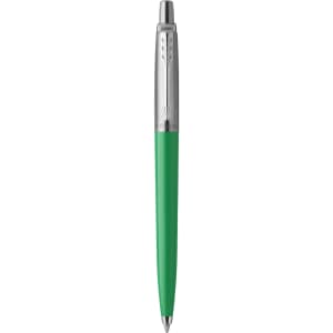 A green metal pen with a silver clip and tip, featuring a logo on the upper section.