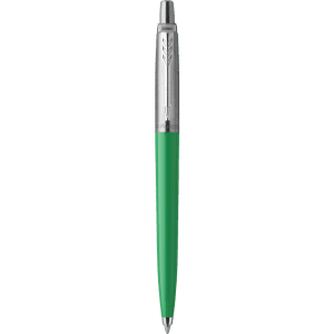 A green metal pen with a silver clip and detailing, featuring a logo on the upper part.