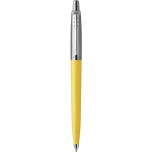A yellow metal pen with a chrome clip and tip, featuring a logo on its design.