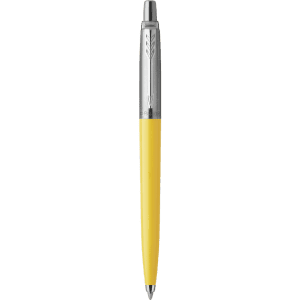 A metal pen with a glossy yellow barrel and a silver clip, featuring a branding logo.