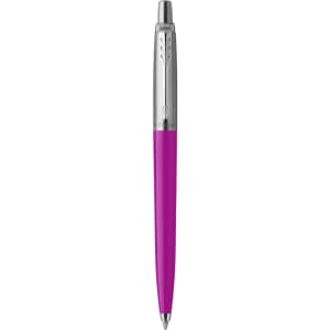 A metal pen with a vibrant magenta body and silver accents, featuring a logo on the clip.