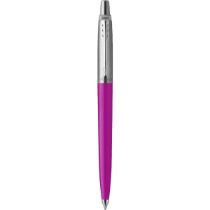 A pen featuring a vibrant purple barrel and a silver metal tip, with a logo on the barrel.