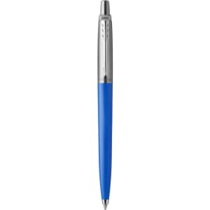 A blue metal pen with a chrome tip and clip, featuring a subtle logo branding on the barrel.