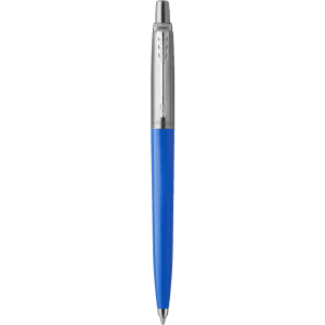 A metal pen with a blue barrel and silver accents, featuring a branding logo on the clip.
