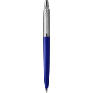 A blue metal pen with a silver clip and tip, featuring a logo on the upper section.