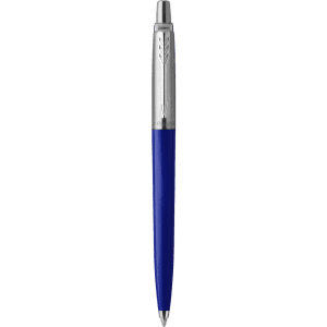 A metal pen in blue with a silver clip and decorative detailing. It features a logo on the body.