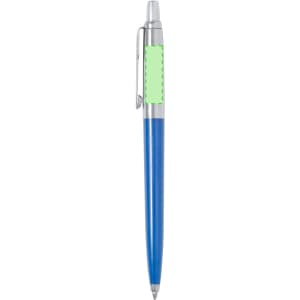 A blue metal pen with a shiny silver clip and a visible logo area.