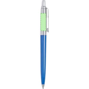A metal pen with a blue body, silver accents, and a section for branding.