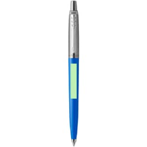 A metal pen with a blue barrel and a silver clip, featuring a logo on the clip.