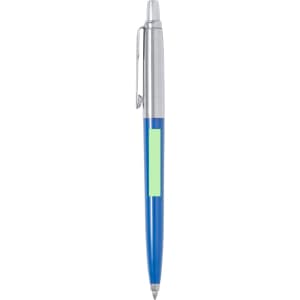 A metal pen featuring a blue barrel and silver accents, with a branding logo on the body.