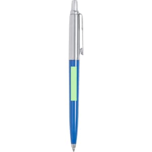 A metallic blue pen with a silver clip and a blank area for branding.