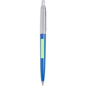 A metal pen featuring a blue barrel and silver accents, with a space for a logo or branding.