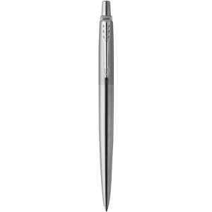 A metal pen in silver finish with a sleek design and a logo on the barrel.