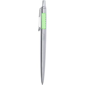 A metal pen in silver with a green accent and a clip, featuring a logo.