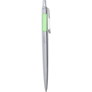 A metallic silver pen with a green accent and a clip, featuring a smooth, sleek design and a logo.