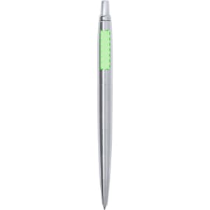 A metal pen with a silver finish and a green grip, featuring a clip and a brand logo.