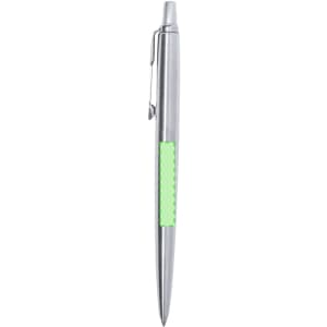 A silver metal pen with a green grip and a clip for easy attachment. The pen features a logo.