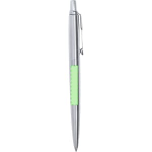 A silver metal pen with a green grip and pocket clip, featuring a branding logo on the side.
