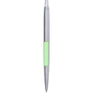 A metal pen with a sleek silver finish and a green grip section. It features a branding logo.