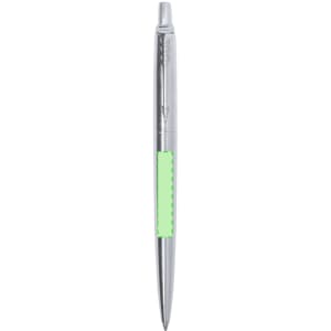 A silver metal pen with a green grip and a logo on its barrel.