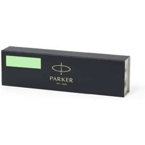 A black packaging box for a metal pen, featuring a logo and a green label on the front.