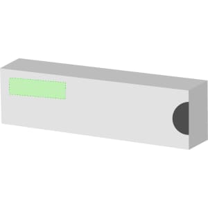 A grey box with a green label area and a circular cut-out. The box is designed for packaging.
