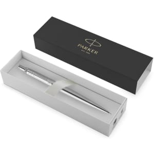 A sleek silver mechanical pencil placed in a white box with a black outer sleeve and a logo.