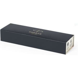A sleek black box with a logo, designed for packaging a writing instrument.