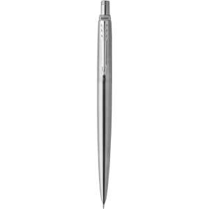 A sleek metallic grey mechanical pencil with a clip and fine tip, featuring a logo on its side.